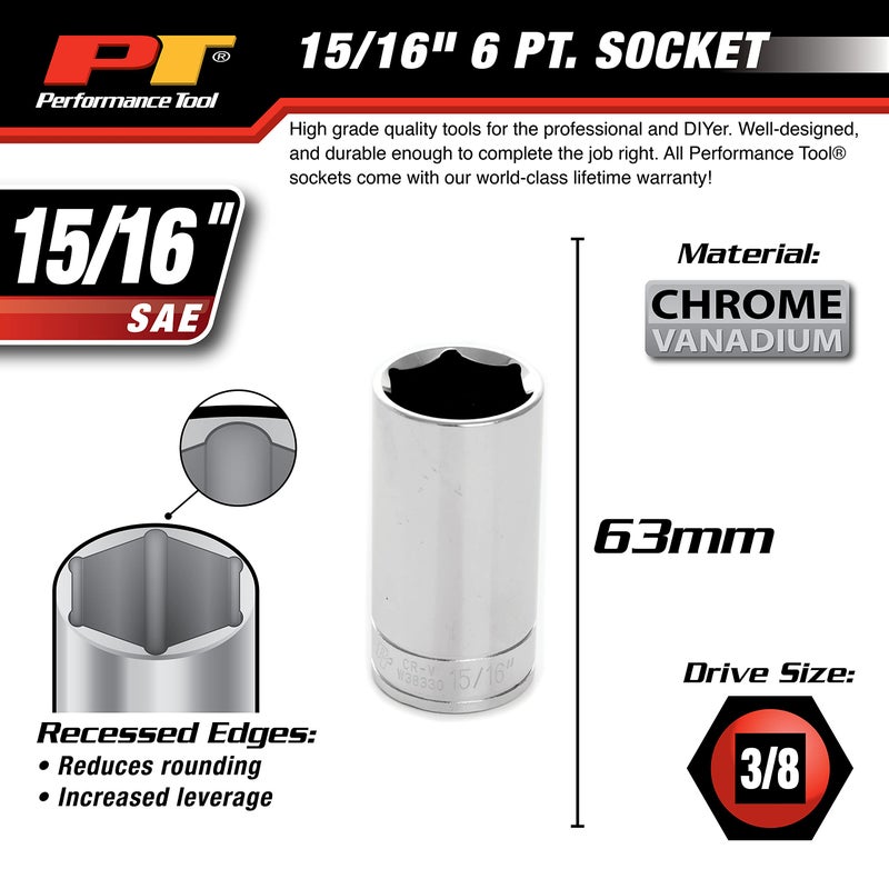 Performance Tool W38330 15/16-Inch 6-Point Chrome Vanadium Socket, 3/8-Inch Drive - Image 2